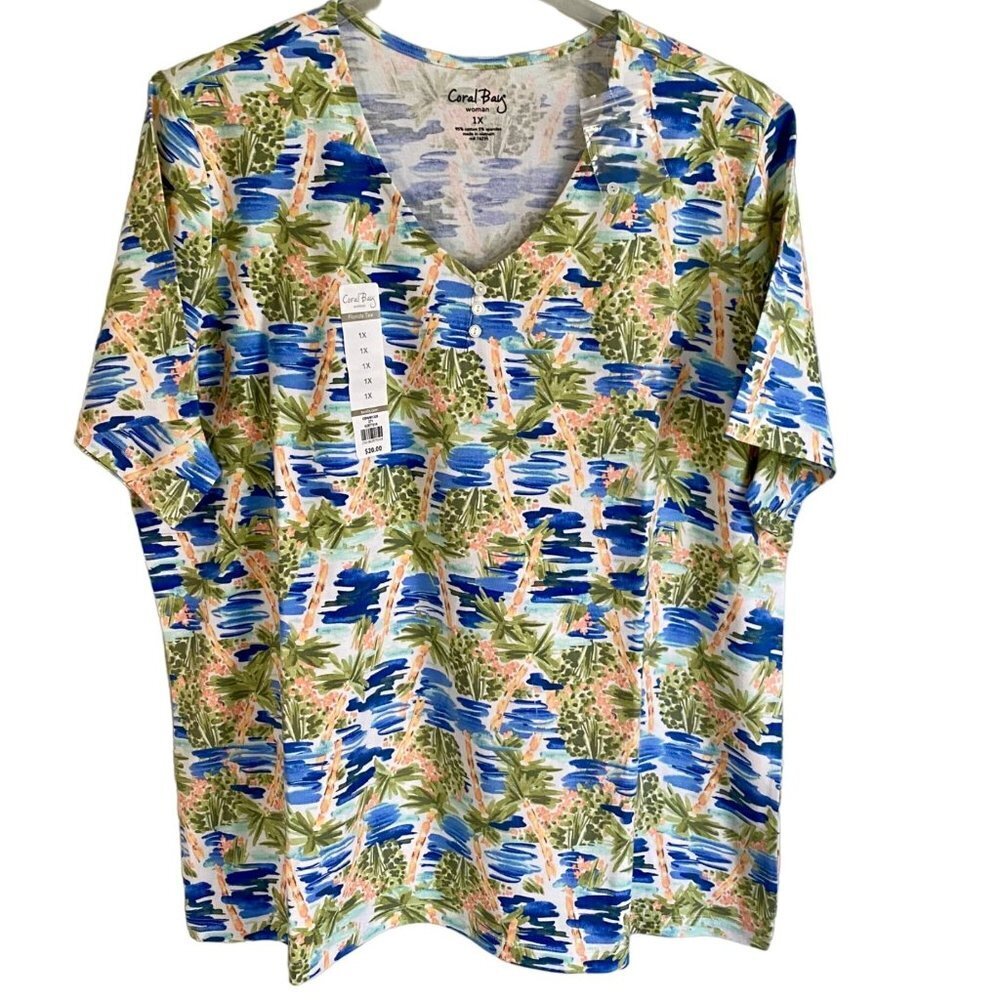 Coral Bay Florida Tee Short Sleeve Palm Tree Design Women's 1X NEW NWT